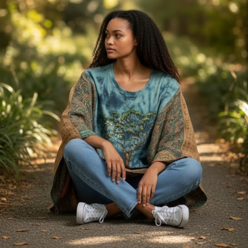 Boho Tie-Dye Tree Graphic Poncho Top in Teal and Brown - Picture 4 of 7